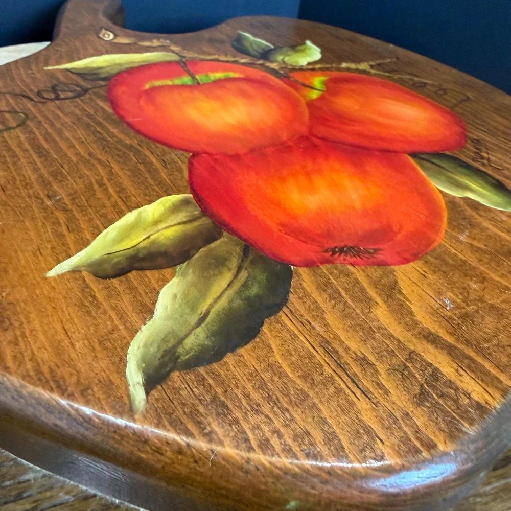 Hand Painted Apple Shaped Wood Wall Plaque Signed Vintage Kitchen Decor